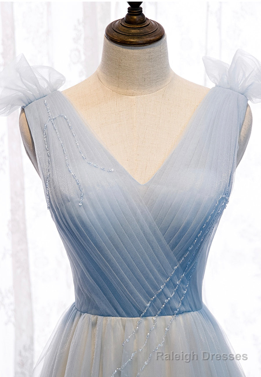 Blue V-Neck Tulle Long Prom Dresses, A-Line Evening Dresses Secondary image