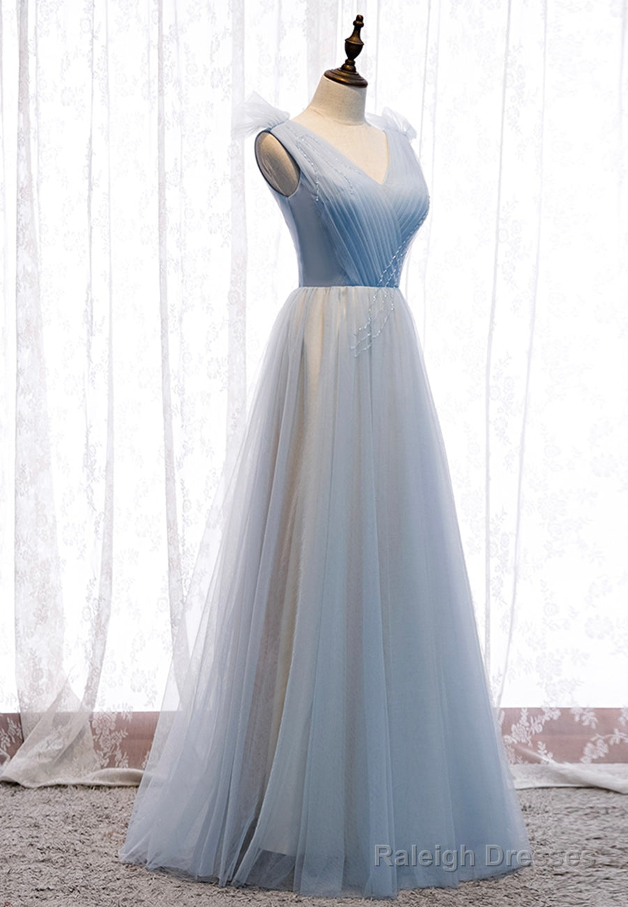 Blue V-Neck Tulle Long Prom Dresses, A-Line Evening Dresses