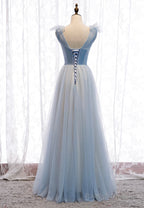 Blue V-Neck Tulle Long Prom Dresses, A-Line Evening Dresses