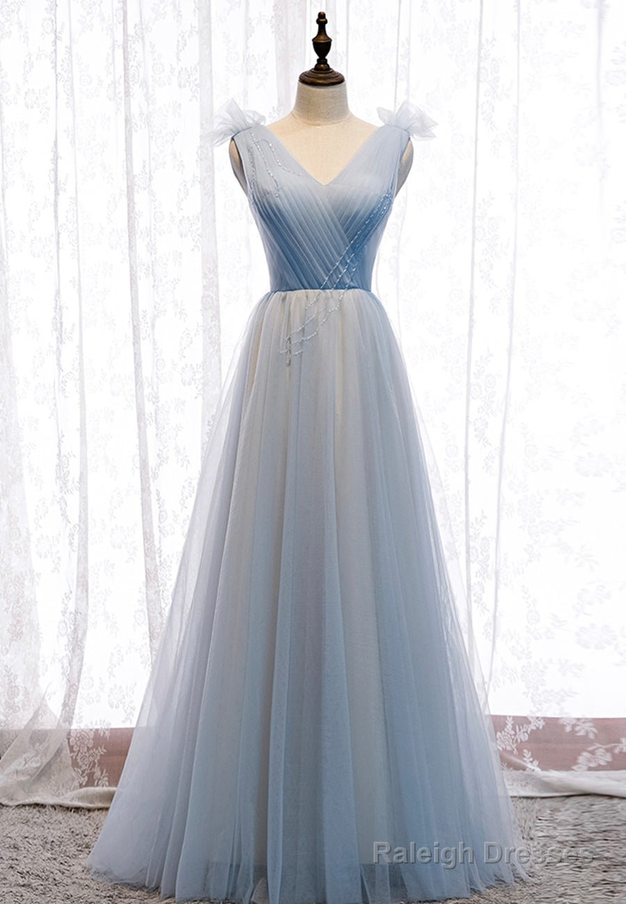 Blue V-Neck Tulle Long Prom Dresses, A-Line Evening Dresses