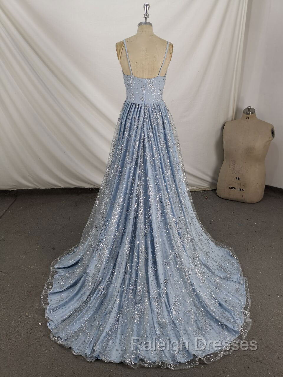 Blue V Neck Tulle Sequin Long Prom Dress, Blue Aline Formal Graduation Dress