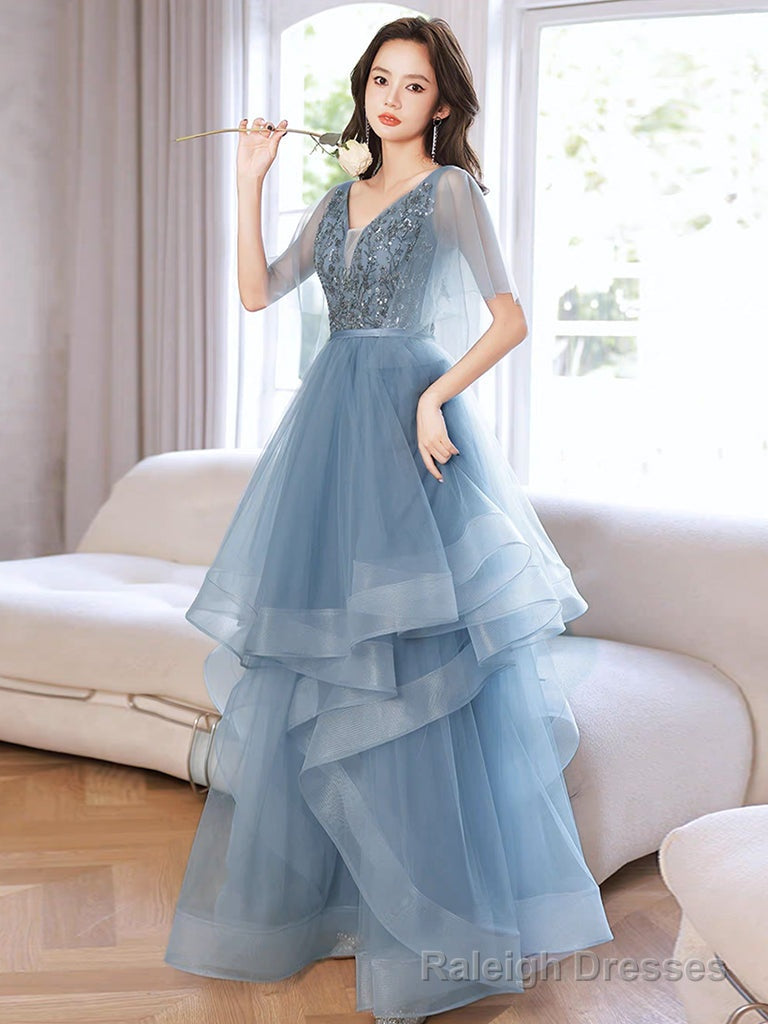 Blue V Neck Tulle Sequin Long Prom Dress, Blue Long Formal Dress Secondary image