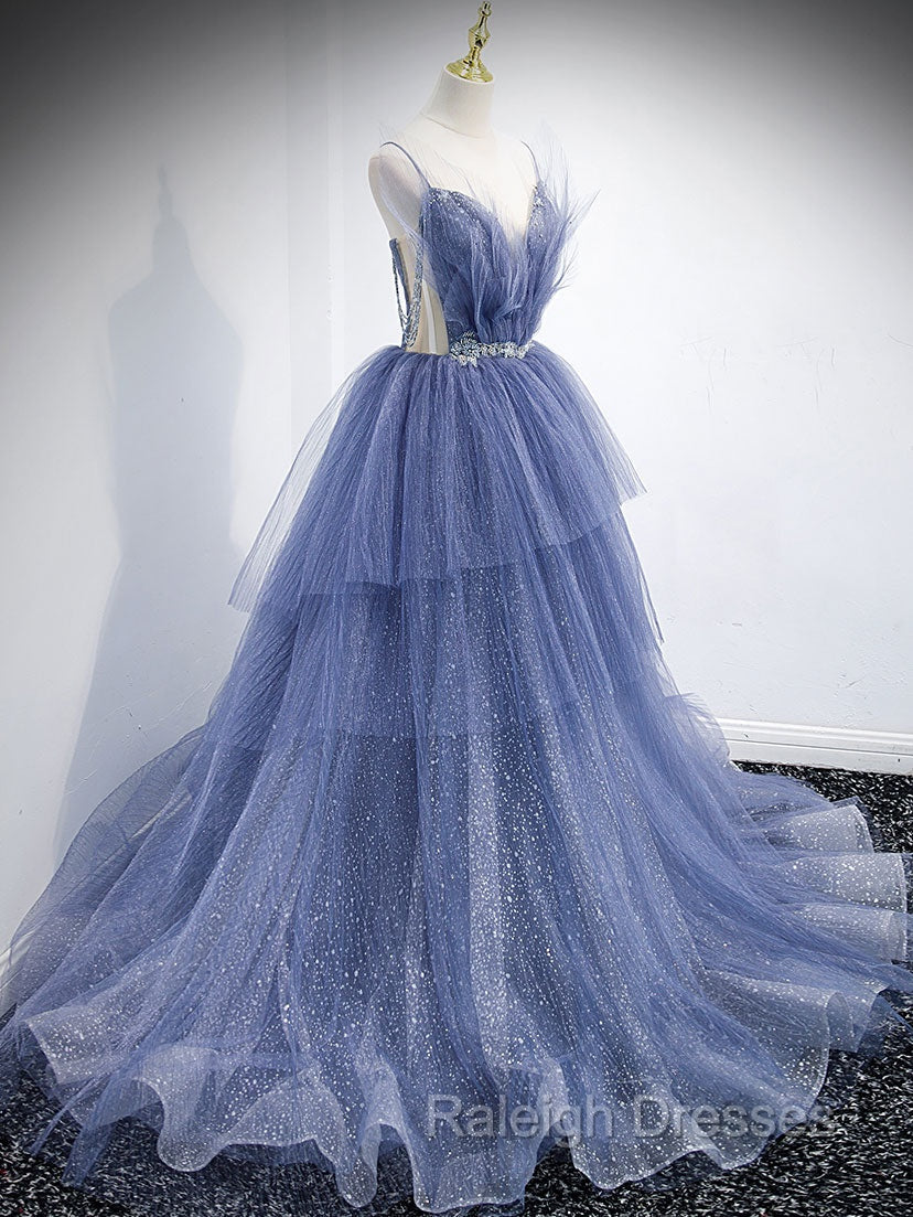 Blue V Neck Tulle Sequin Long Prom Dress, Blue Tulle Formal Dress Secondary image