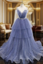 Blue V Neck Tulle Sequin Long Prom Dress, Blue Tulle Formal Dress