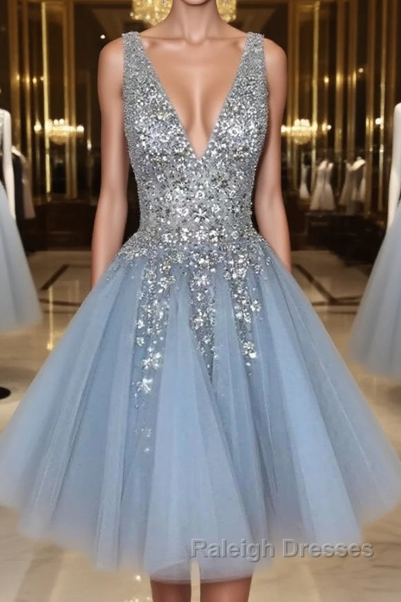 Blue v neck tulle sequin short prom dress, blue homecoming dress