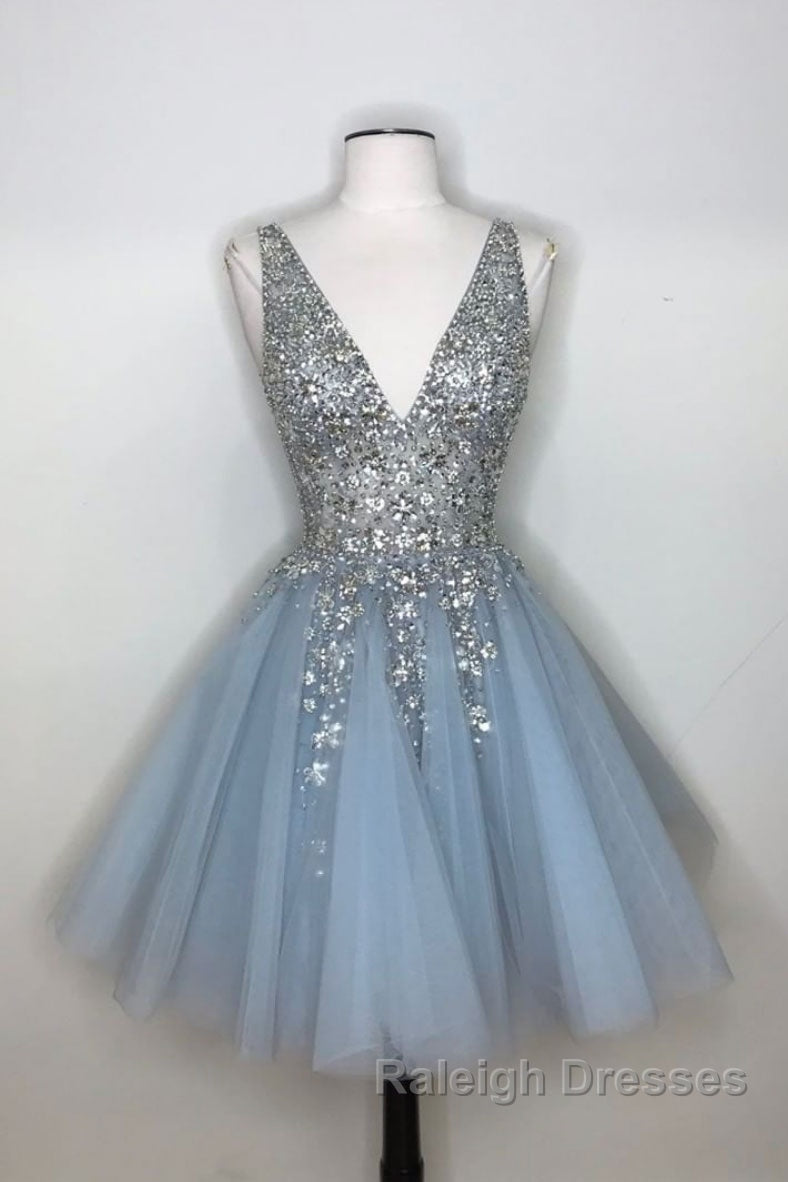 Blue v neck tulle sequin short prom dress, blue homecoming dress Secondary image