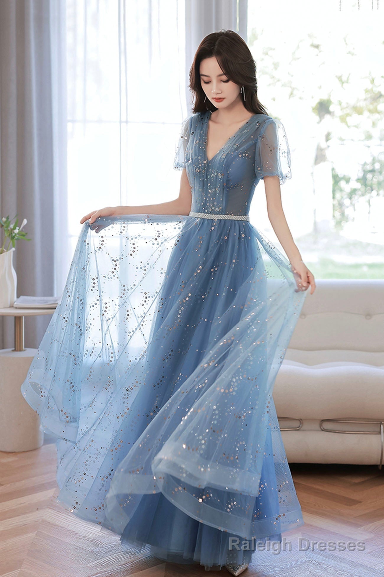 Blue V-Neck Tulle Sequins Long Prom Dress, A-Line Evening Party Dress Main image