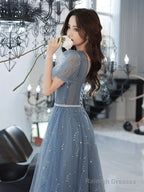 Blue V Neck Tulle Tea Length Prom Dress, Blue Sequin Evening Dress