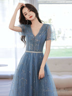 Blue V Neck Tulle Tea Length Prom Dress, Blue Sequin Evening Dress