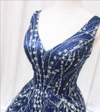 Blue V Neckline Lace Tulle Floor Length Prom Dress, Blue Prom Dress Formal Dress