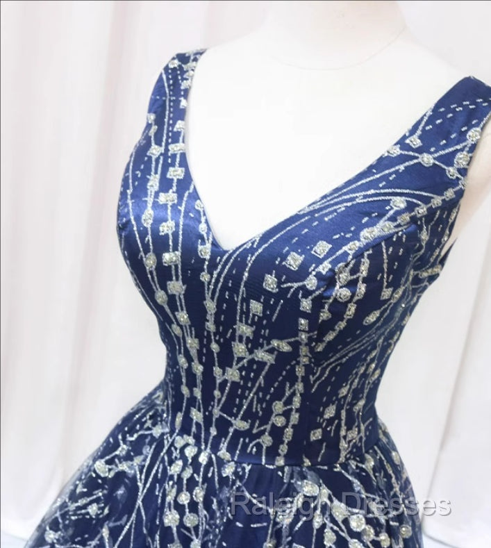 Blue V Neckline Lace Tulle Floor Length Prom Dress, Blue Prom Dress Formal Dress