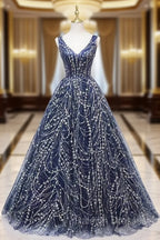 Blue V Neckline Lace Tulle Floor Length Prom Dress, Blue Prom Dress Formal Dress