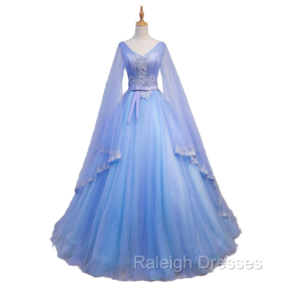 Blue V-neckline Prom Dress with Long Sleeves, Lace Applique Party Dress For Teen Secondary image