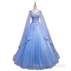 Blue V Neckline Prom Dresses with Long Sleeves Lace Applique Prom Dresses For Teen