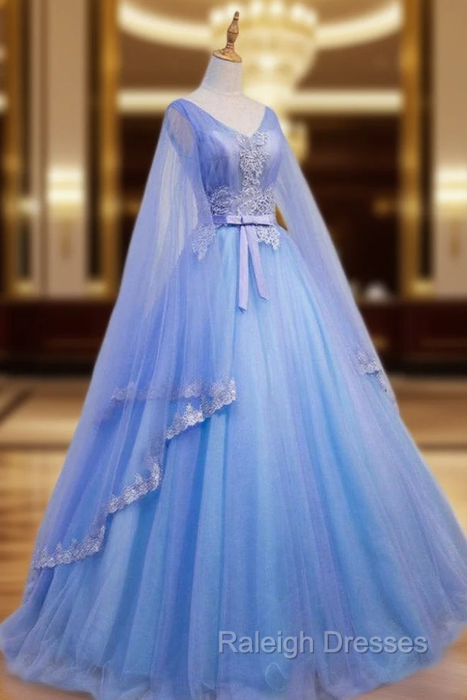 Blue V-neckline Prom Dress with Long Sleeves, Lace Applique Party Dress For Teen Main image