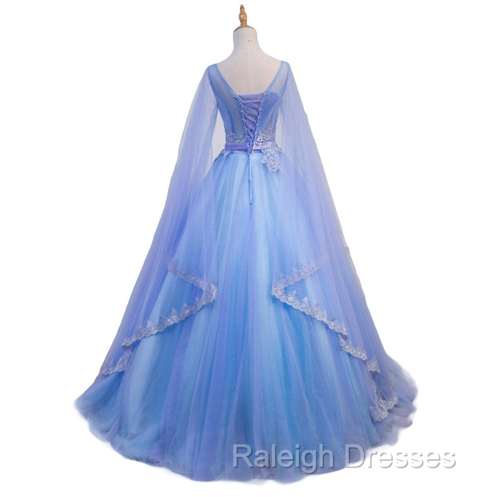 Blue V Neckline Prom Dresses with Long Sleeves Lace Applique Prom Dresses For Teen