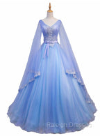 Blue V-neckline Prom Dress with Long Sleeves, Lace Applique Party Dress For Teen