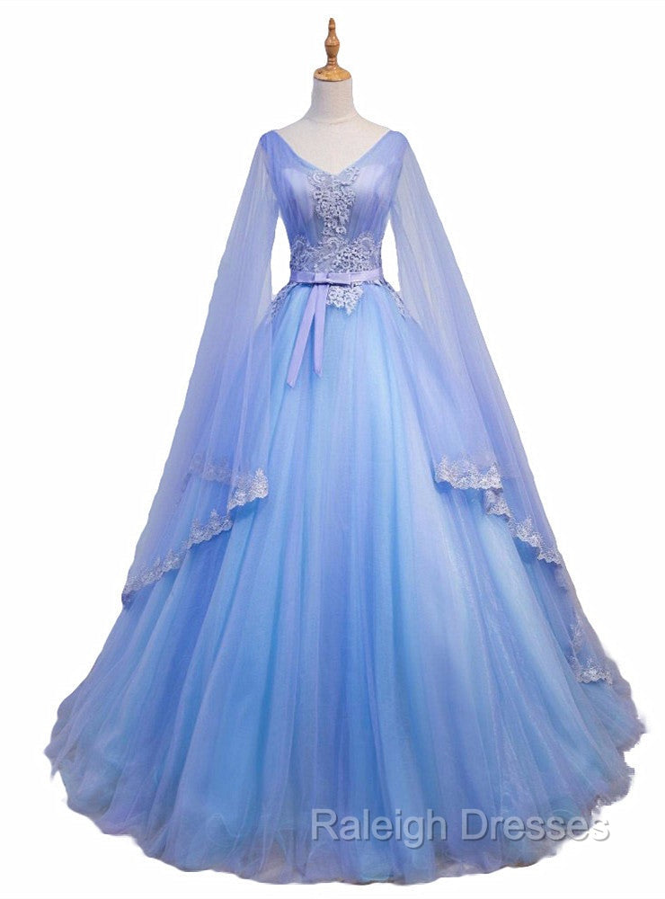 Blue V-neckline Prom Dress with Long Sleeves, Lace Applique Party Dress For Teen