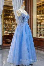Blue V Neckline Tulle Beaded Long Straps Beaded Dress, Blue Fashionable Formal Dress Prom Dress