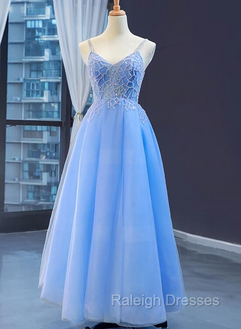 Blue V-neckline Tulle Beaded Long Straps Beaded Dress, Blue Fashionable Formal Dress Prom Dress Main image