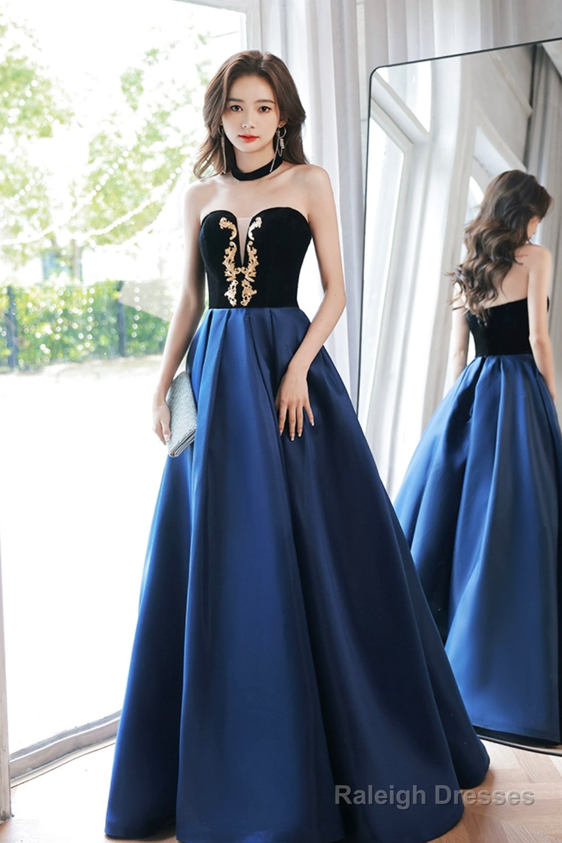 Blue Velvet And Satin Floor Length Prom Dress, Elegant Short Sleeve Evening Party Dress