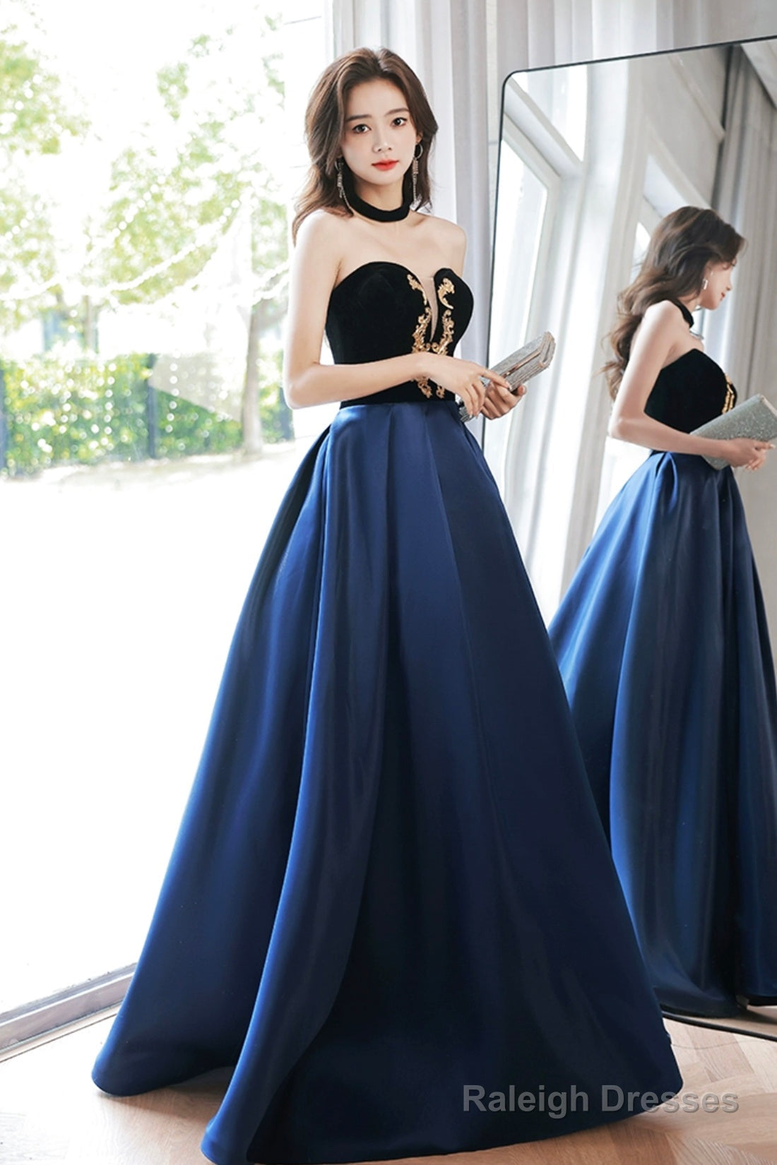 Blue Velvet And Satin Floor Length Prom Dresses Elegant Short Sleeve Prom Dresses