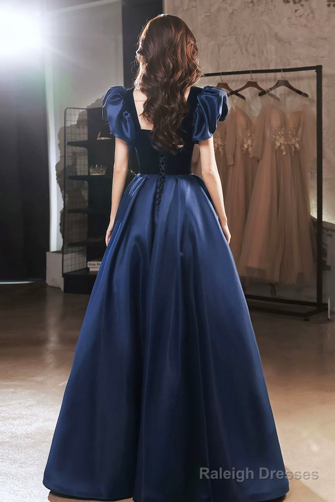 Blue Velvet And Satin Floor Length Prom Dresses Elegant Short Sleeve Prom Dresses