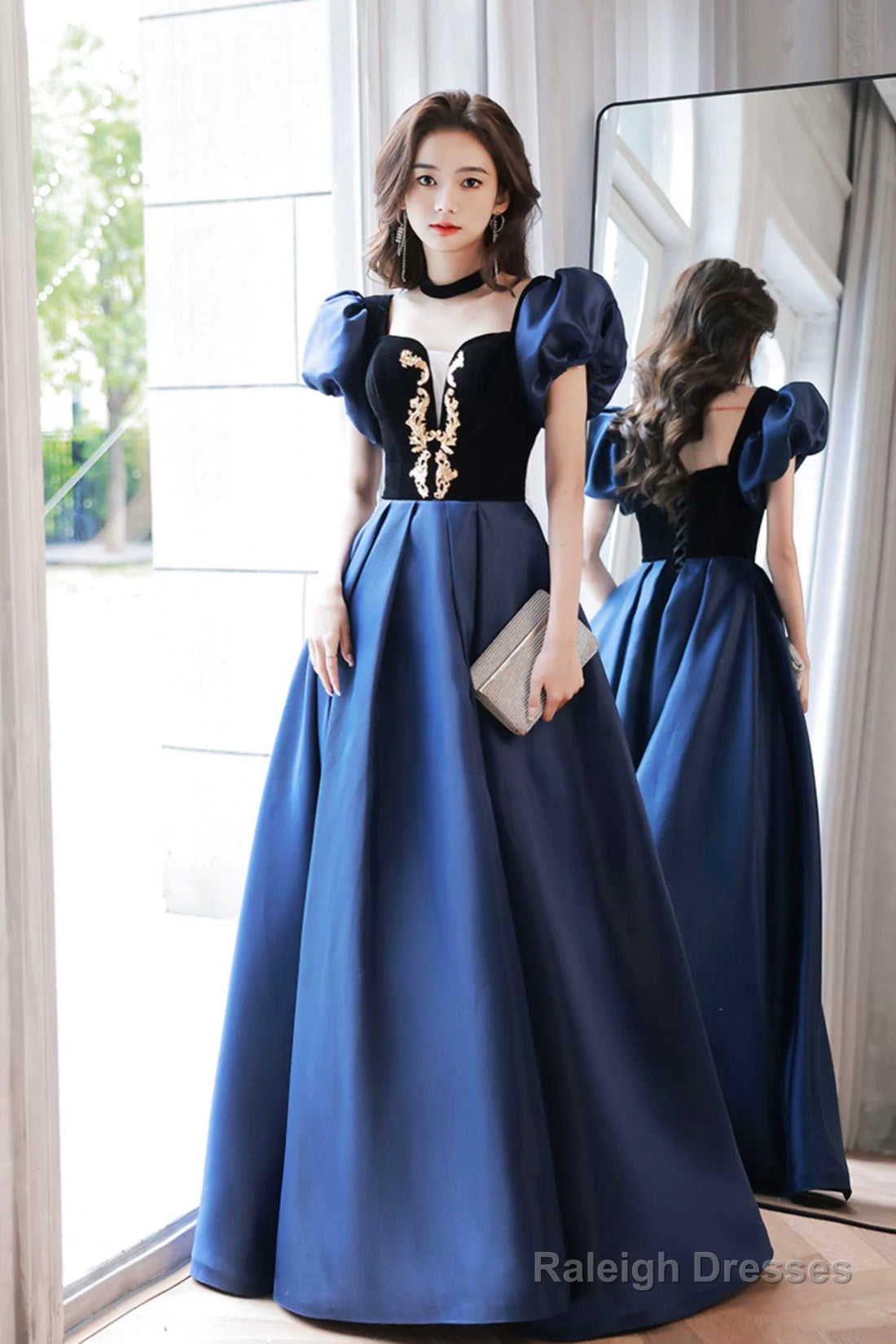 Blue Velvet And Satin Floor Length Prom Dress, Elegant Short Sleeve Evening Party Dress