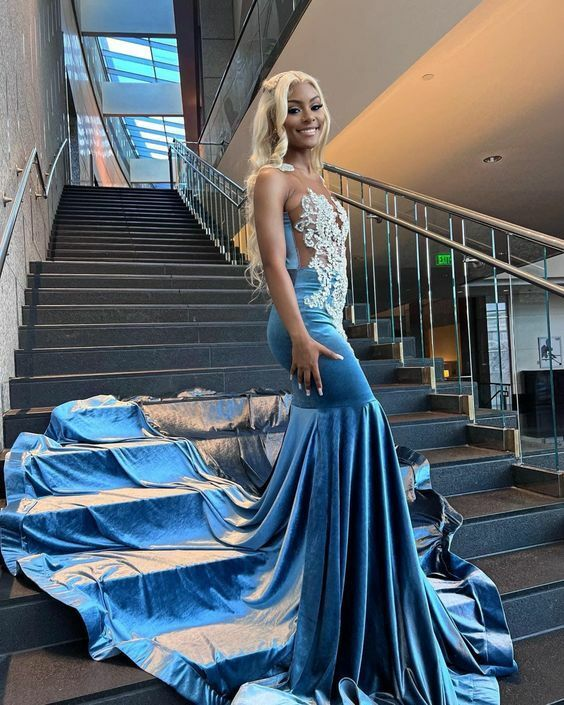 Blue Velvet Appliques Bead Meemaid Prom Dresses Long Prom Dresses