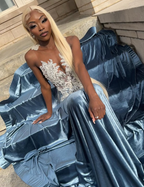Blue Velvet Appliques Bead Meemaid Prom Dresses Long Prom Dresses