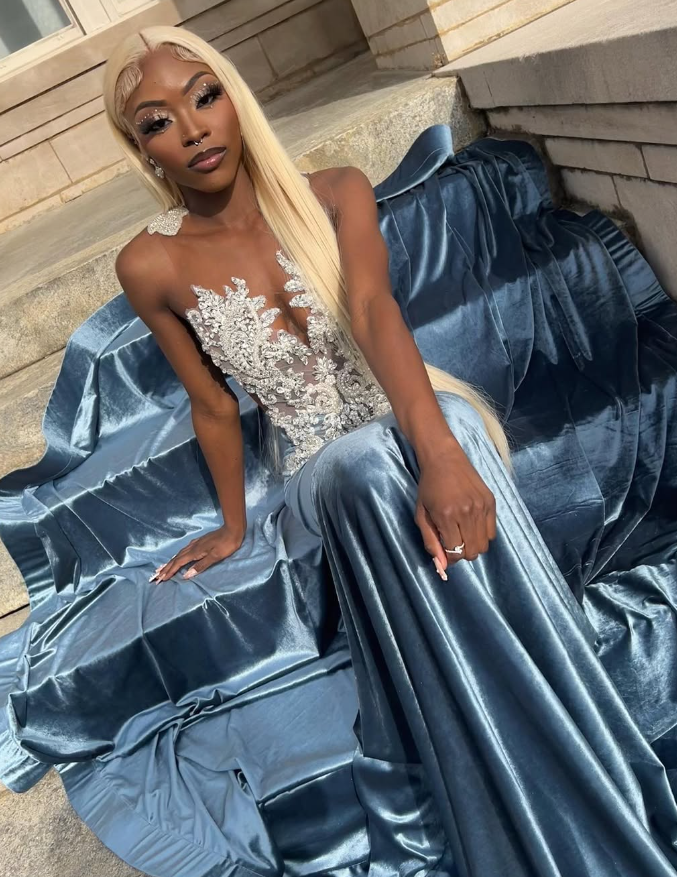 Blue Velvet Appliques Bead Meemaid Prom Dresses Long Prom Dresses