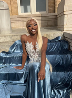 Blue Velvet Appliques Bead Meemaid Prom Dresses Long Prom Dresses