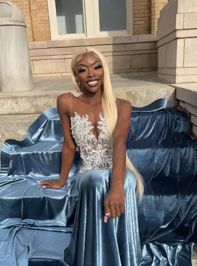 Blue Velvet Appliques Bead Meemaid Prom Dresses Long Prom Dresses
