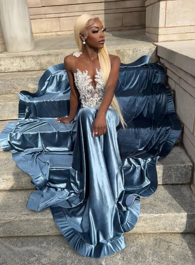 Blue Velvet Appliques Bead Meemaid Prom Dresses Long Prom Dresses