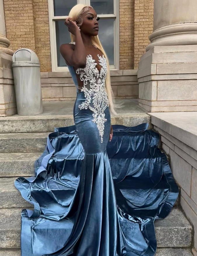 Blue Velvet Appliques Bead Meemaid Prom Dresses Long Prom Dresses
