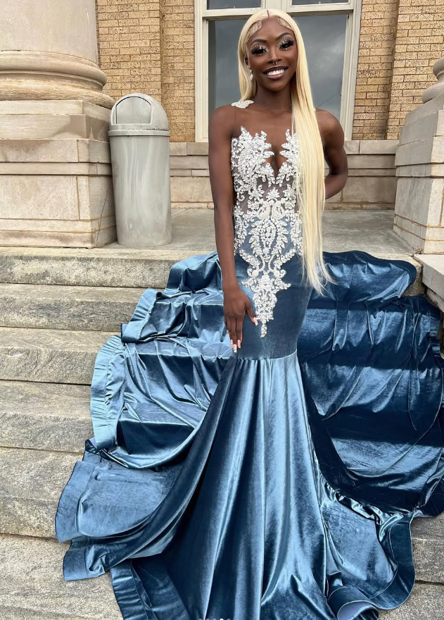 Blue Velvet Appliques Bead Meemaid Prom Dresses Long Prom Dresses