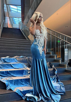 Blue Velvet Appliques Bead Meemaid Prom Dresses Long Prom Dresses