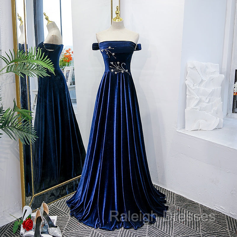 Blue Velvet Beaded Elegant Off Shoulder Prom Dress, Blue Long Prom Dress Secondary image