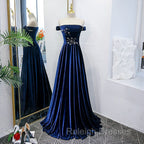 Blue Velvet Beaded Elegant Off Shoulder Prom Dress, Blue Long Prom Dress