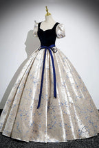 Blue Velvet Floor-Length Printing Prom Dresses, A-Line Short Sleeve Evening Formal Dresses