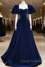 Blue Velvet Floor Length Prom Dress, Elegant Short Sleeve Evening Party Dress