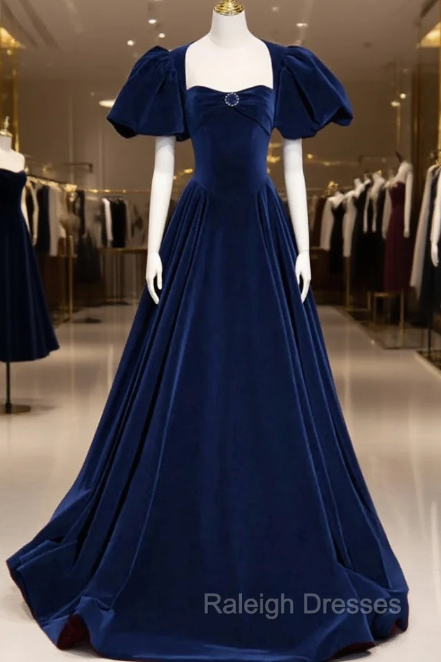 Blue Velvet Floor Length Prom Dress, Elegant Short Sleeve Prom Prom Dress