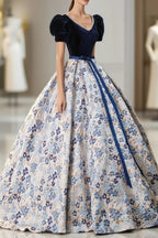 Blue Velvet Floor Length Prom Dress with Short Sleeve, Blue V-Neck Formal Evening Dress