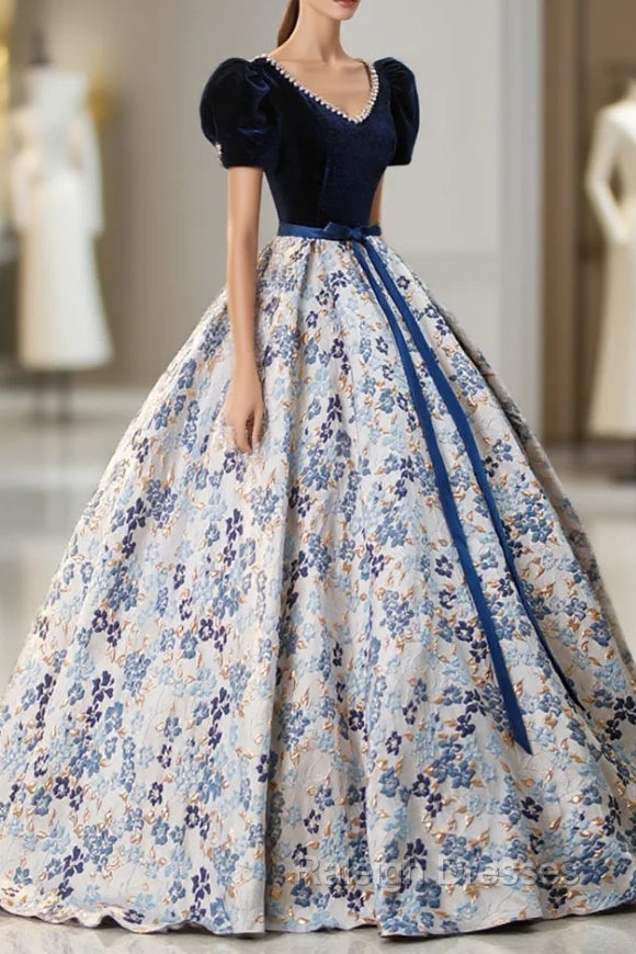 Blue Velvet Floor Length Prom Dress with Short Sleeve, Blue V-Neck Formal Evening Dress