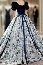 Blue Velvet Floral Long Ball Gowns, A Line Short Sleeve Formal Prom Dress
