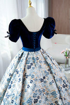 Blue Velvet Floral Long Ball Gowns, A Line Short Sleeve Formal Prom Dress