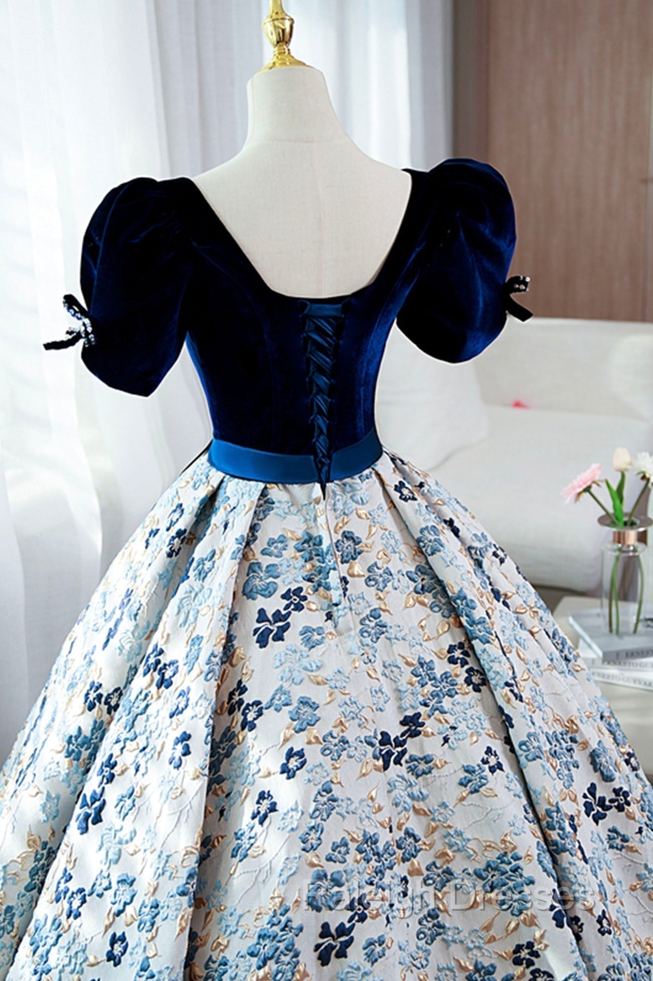 Blue Velvet Floral Long Ball Gowns, A Line Short Sleeve Formal Prom Dress