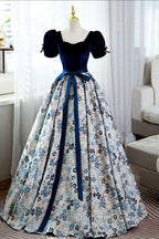 Blue Velvet Floral Long Ball Gowns, A Line Short Sleeve Formal Prom Dress