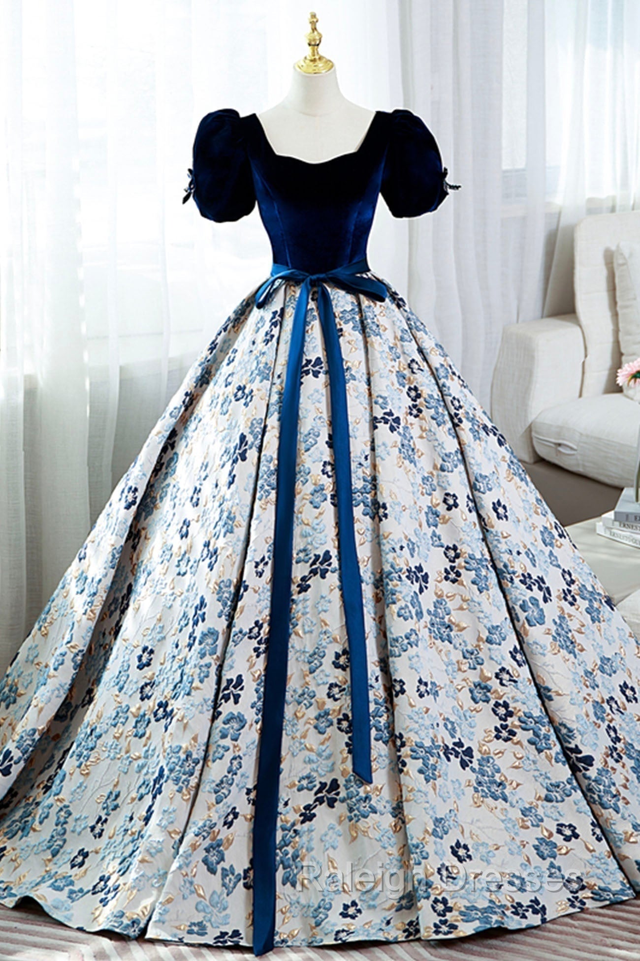 Blue Velvet Floral Long Ball Gown, A-Line Short Sleeve Formal Evening Dress Main image