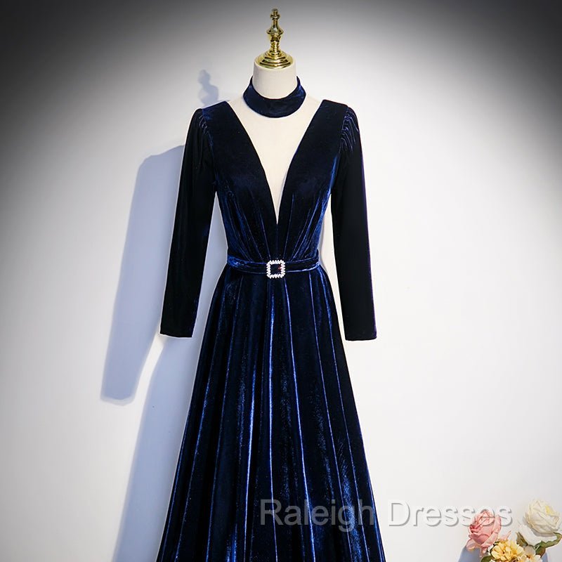 Blue Velvet Long Sleeves Floor Length Wedding Party Dress, Blue Formal Gown Secondary image